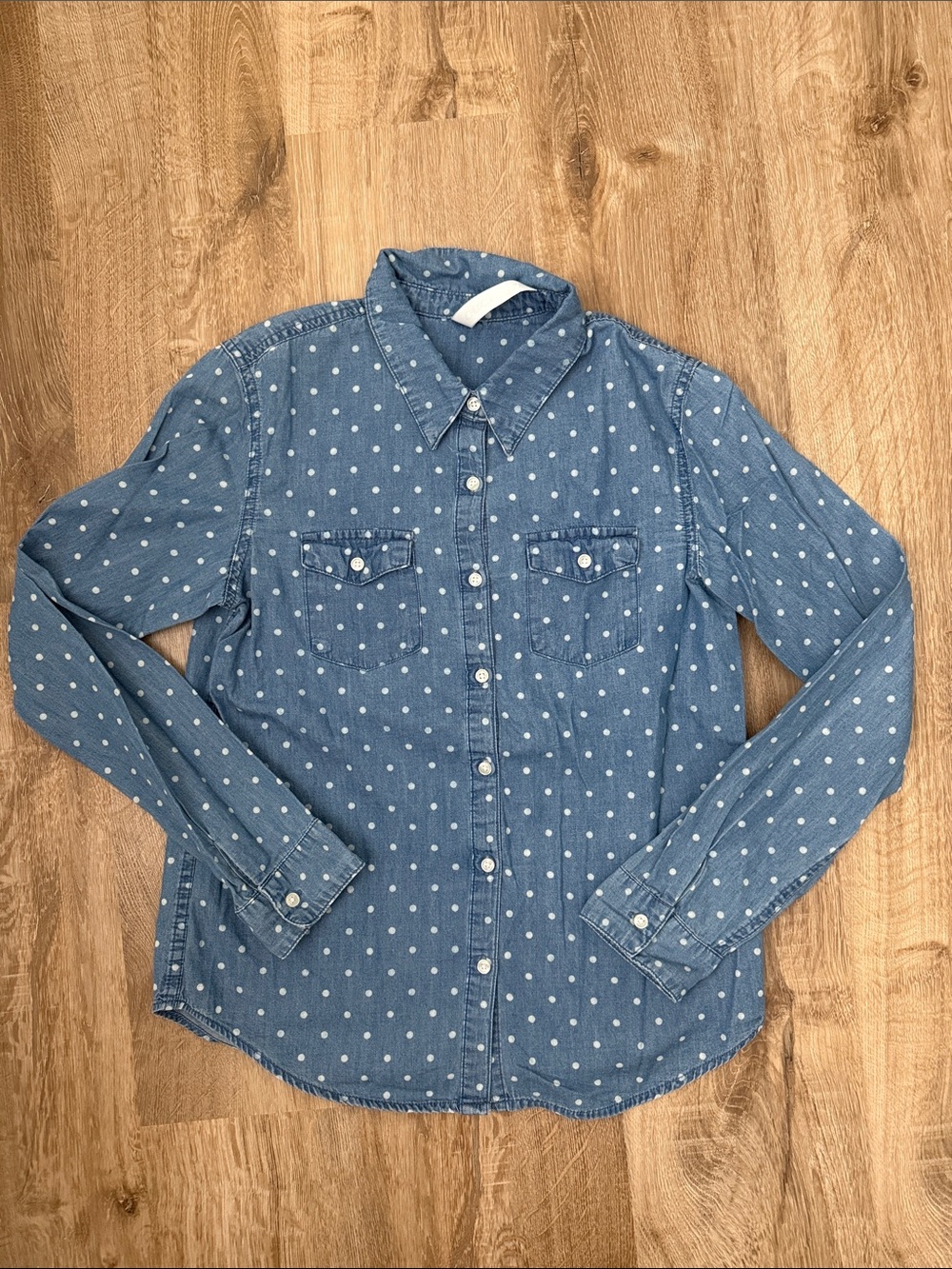 Cherokee Girls Long Sleeve Blue Polka Dot Button Front Denim Shirt
